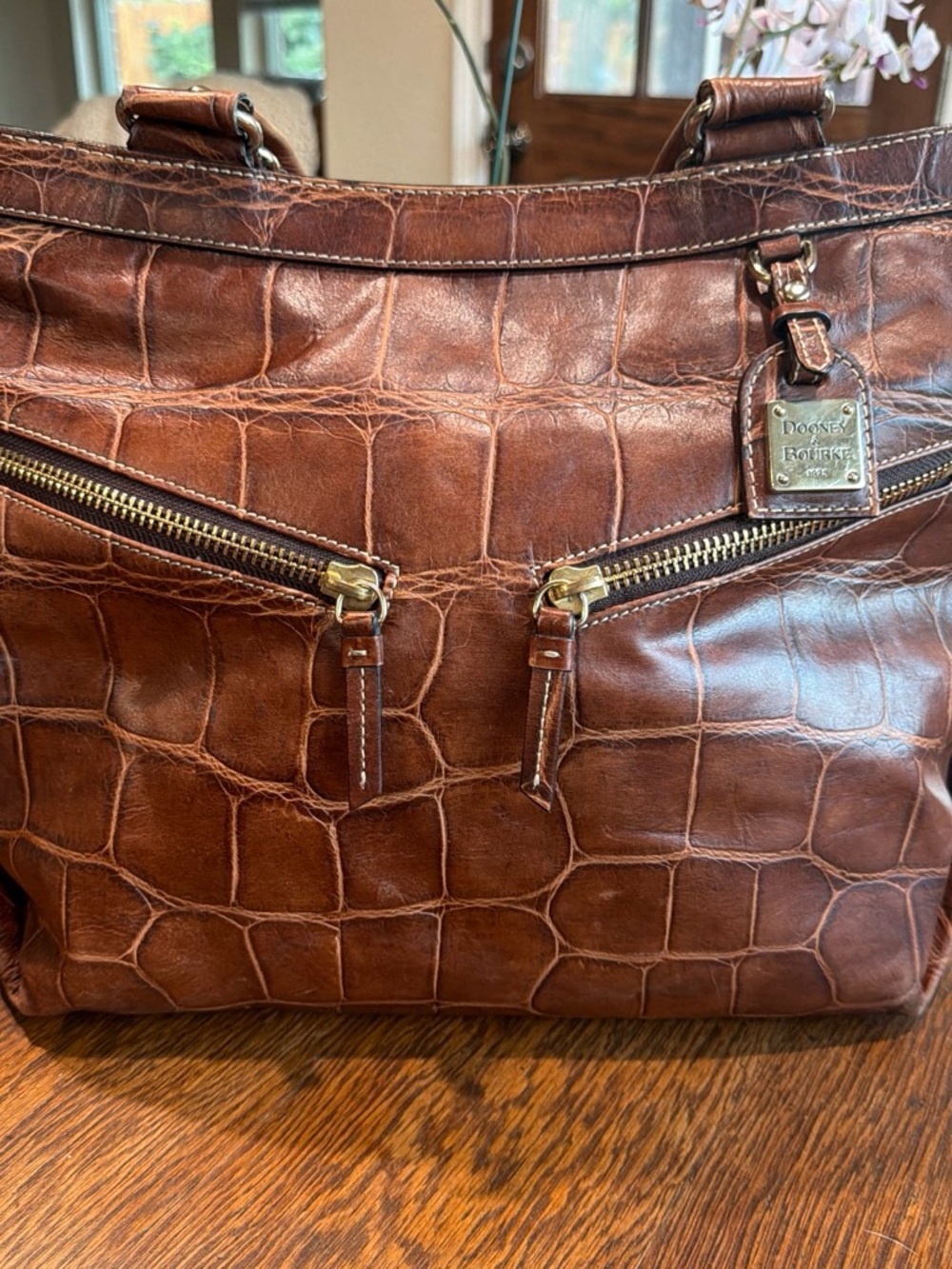 Vintage Dooney & Bourke Brown Croc Leather "Sara" Tote Bag